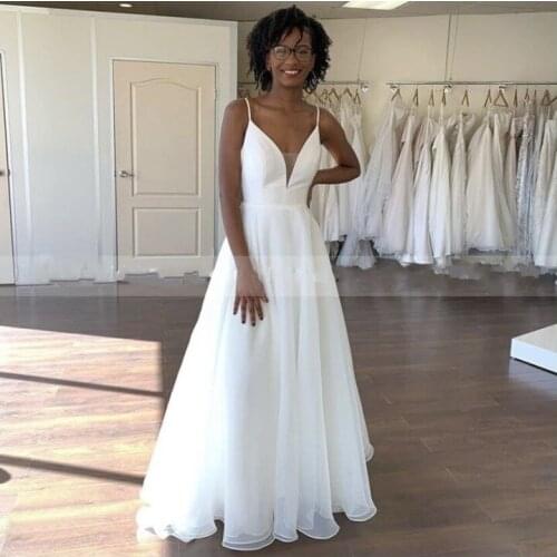 E JUE SHUNG Simple African Wedding Dresses Deep V Neck Zipper Back Spaghetti Straps Organza Bridal Dresses Vestidos De Novia