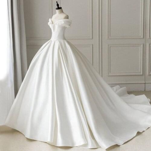 Simple Boat Neck Satin Wedding Dress 2021 Sexy V Neck White Ball Gown For Bride Floor-Length&1.3m Train Vestido de novia