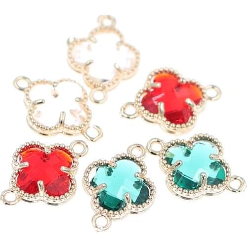 20pcs Brass Casted Flower Clovers Charms Red Green Crystal Connectors Findings DIY for Women Bracelet Earrings Jewelry Making