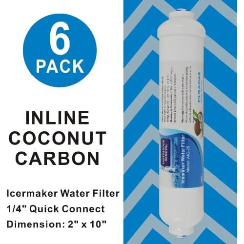 6 PACK OF Icemaker Refrigerator Dispenser Drinking Replacement Filters, Inline Coconut Carbon Block Filter, 2" OD x 10", 1/4 QC