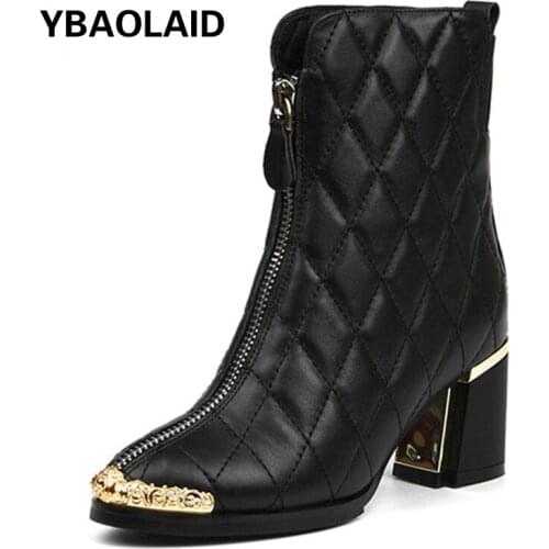 Sheepskin Rhomboid Front Zipper Metal Head Thick High-heeled Short Boots Autumn and Winter New Electric Embroidered Martin Boots