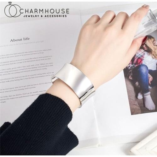 Pure Silver Cuff Bangles For Women Smooth Wide Open Bangle & Bracelet Pulseira Femme Wedding Jewelry Acceossories Party Gifts