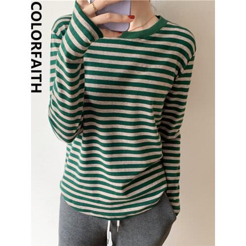 Colorfaith New 2021 Womens Spring Autumn T-shirt Bottoming Basic Korean Style Fashionable Striped Wild Lady Vintage Tops T6331