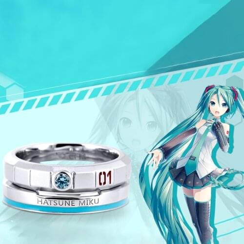 Official Anime Miku Double Rings Free With Rope Chain For Couple Lovers Rings Hatsun Metal Jewelry Women Men Birthday Gifts