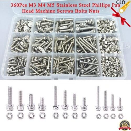 GB9074.8 360Pcs M3 M4 M5 M6 Stainless Steel Phillips Pan Head Machine Screws Bolts Nuts with Lock Flat Washers Assortment Kit