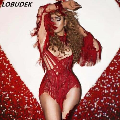 Red Tassel Elastic Skinny Bodysuit Long Sleeve Tight Leotard Stage Wear Nightclub DJ Female Singer Dancer Performance Costume