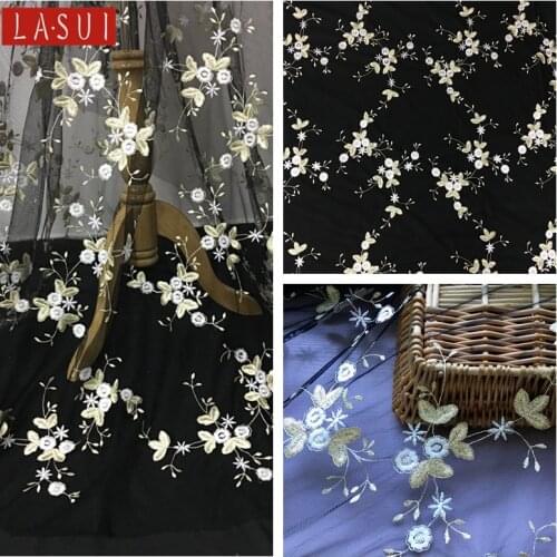 LASUI 2018 1yard/lotNew white milk silk +Gold thread embroidery flowers lace fabric Black soft mesh splendour DIY fabricX0240