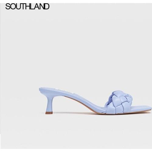 SOUTHLAND Summer woven 7cm thin heel women slides square toe women casual slippers