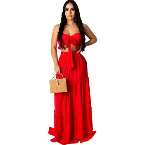 Summer 2-Piece Sexy Backless Long Skirt Sets Two Piece Linen Dress Women Strapless Cami Top & High Waist Skirt Plus Size Suit