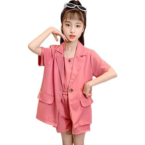 Girls Summer Suit Solid Jacket + Vest + Short Girls Clothing Pockets Kids Girl Clothes Set Casual Childrens Tracksuits