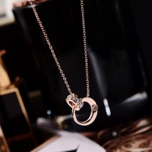 YUN RUO 2021 Rose Gold Color Chic Fashion Round Crystal Pendant Necklace Titanium Steel Jewelry Woman Gift Not Fade Wholesale