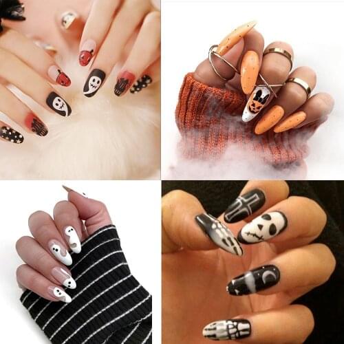 24Pcs Halloween Style Ballerina Stiletto False Nails Tips Wearable Coffin Long Full Cover Fake Nails Press On Nails With Glue