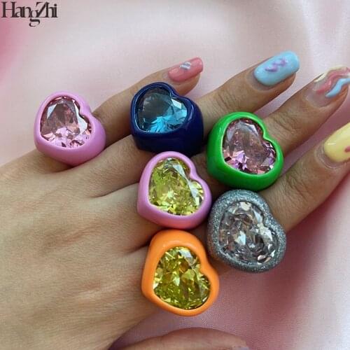 HangZhi 2021 New Trendy Sparkling Hyperbole Heart Crystal Rhinestones Colorful Glazed Metal Open Ring for Women Party Jewelry