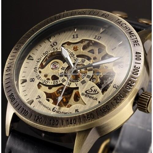 New Vintage Bronze Men Wristwatch Skeleton Leather Strap Antique Steampunk Casual Automatic Mechanical Watches Relogio Masculino