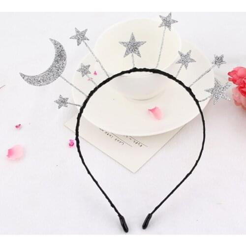 Princess Girl Halloween Party Crown Headband Glitter Powder Moon Star Charms Metal Alloy Hair Hoop Birthday Tiara Headpiece Gift
