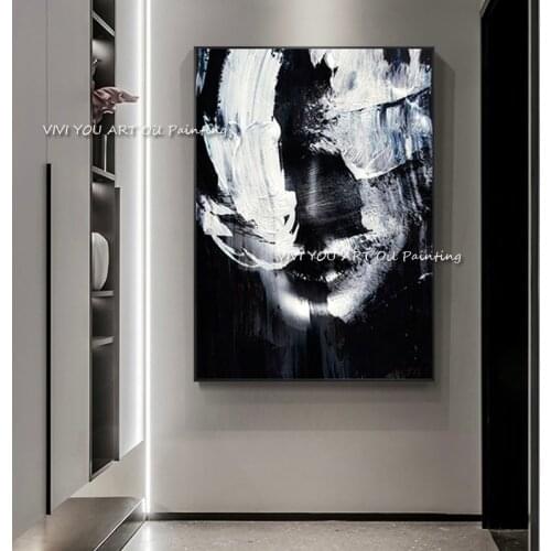 Hand-painted White and Black Figure Oil Painting on Canvas Modern Abstract Man Face Portrait Wall Painting for Living Room Decor