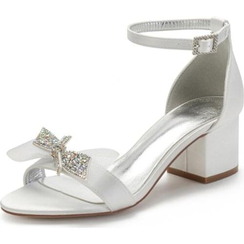 Sweet bridal wedding dress shoes thick heels kitten heel pumps ankle strap satin women sandals bow white ivory stable party shoe