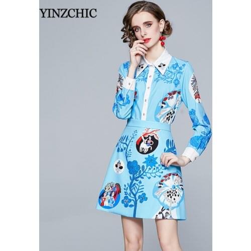 Spring Woman Two-pieces Suit Fashion Printed Slim Blouse + A-line Skirt Sets Office Lady Work Set Female Casual Shirt Skirt Sets