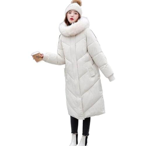 Lingwave New Long Thicken All-match Down Cotton Jacket Women Hooded Fur Collar Fashion Warm Large Size Slim Winter Parkas Coat