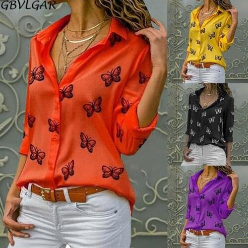 Fashion Womens Butterfly Print Blouse Shirt Casual Long Sleeve Turn-down Collar Button Elegant Office Work Blouse Shirts 2021