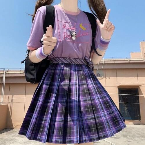 Women Purple Black Goth Pleated Plaid Skirt Girl High Waist Mini Sexy Skirts Japanese School Harajuku Cosplay Anime Short Skirt