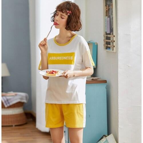 Women pajamas cotton new summer Korean short sleeve shorts sweet cute knitted cotton two piece pajama sets pajama set pajamas