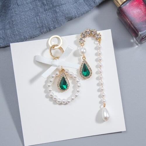 Korean Trendy Asymmetric Pearl Shiny Crystal Ribbon Bow Long Dangle Drop Earrings Women Jewelry 5C4001