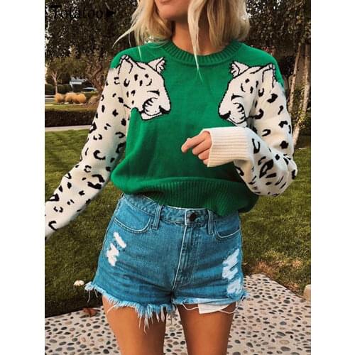 Contrast Colors Leopard Animal Pattern Casual Sweater Women 2019 Long Sleeve Soft Winter Sweater Tops Streetwear Loose Sweaters