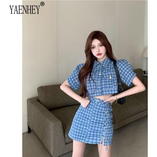 2021 Button Hot Ladies Suit Vintage Plaid Blue Office Lady Single-Breasted Top Chic Fashion Casual Slim A-Line New Female Skirt