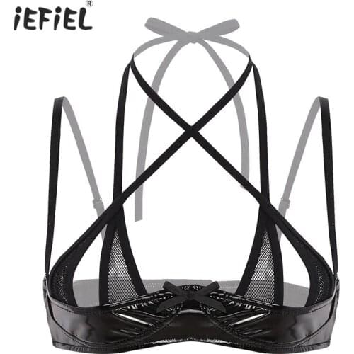 Iefiel Womens Lingerie Wet Look Patent Leather Bra Bustier Halter Neck Crossdressing Sissy Bras Sexy Wire-free Unlined Shelf Bra