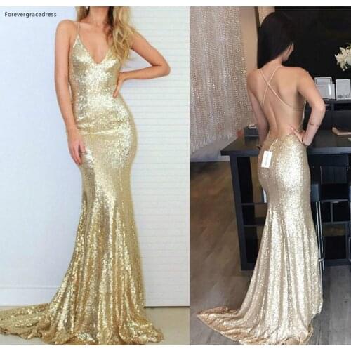 2019 Summer Mermaid Backless Prom Dress Bling Gold Sequined Pageant Formal Holiday Wear Party Gown Custom Made Plus Size