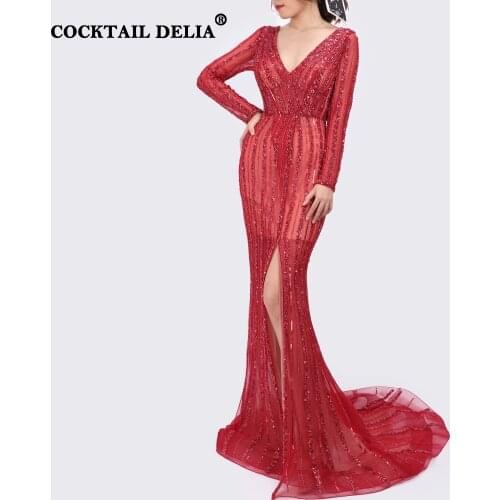 Red Black Silver Long Sleeves Elegant Woman Evening Dresses Mermaid Luxury Sexy 2021 Diamond Beading Party Gown Plus Size Dress