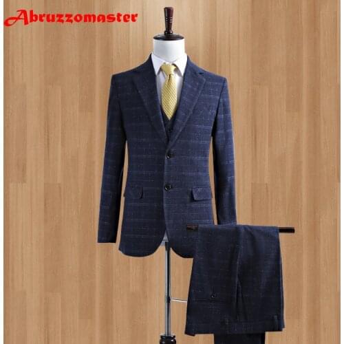 2020 Slim Fit Navy Blue Damier Men Suit Terno Slim Fit Two Buttons Terno Masculino Wedding Suits for Men (Jacket+Vest+Pant)