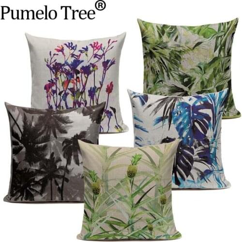 45*45CM Vintage Linen Cotton Cushion Cojines decorative Pillows Tropical banana Leaves Palm Leaf Print coussin Sofa Home Decor