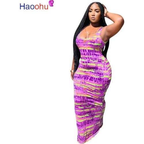 HAOOHU Tie Dye Print Women Lace Up Open Back Dress Sexy Sleeveless Bandage Party Night Club Long Maxi Dresses Vestidos