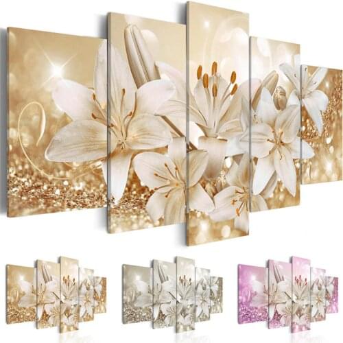 Canvas Prints Pictures Living Room Wall Art 5 Pieces Lilies Flowers Painting Home Decor Modular Beautiful Floral Poster Framed