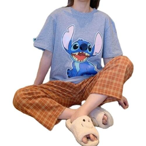 Disney Stitch Cute Kawaii Summer Suit for Women Short Sleeve Tshirt and Plaid Pants Casual Nightgown Outwear Pajama Set Women