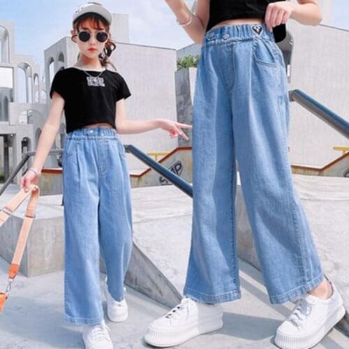 Summer Jeans for girls clothing Thin Ice silk Soft Denim Pants Solid Blue Jeans Loose cool Casual cowboy Pants Childrens bottoms