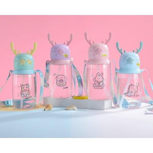 Summer Cartoon Antlers Plastic Cup Portable Strap Childrens Straw Cup Cute Baby Bounce Cover Water Cup