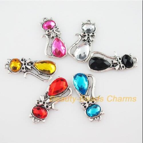 Fashion 6Pcs Mixed Tibetan Silver Acrylic Plastic Cat Charms Pendants 12.5x29.5mm
