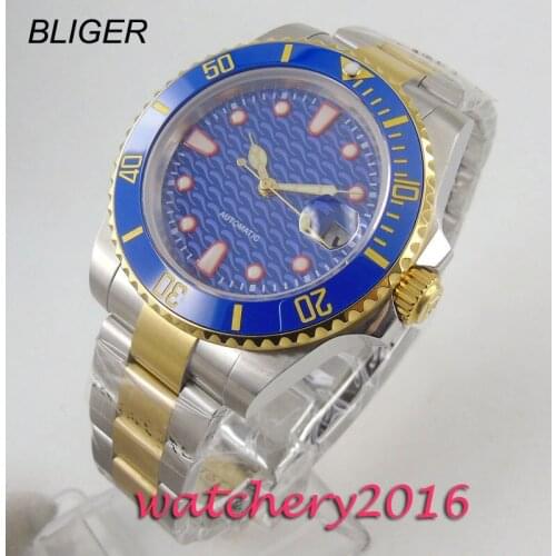 40mm Bliger blue sterile dial ceramic bezel Luminous Sapphire date automatic mens Watch