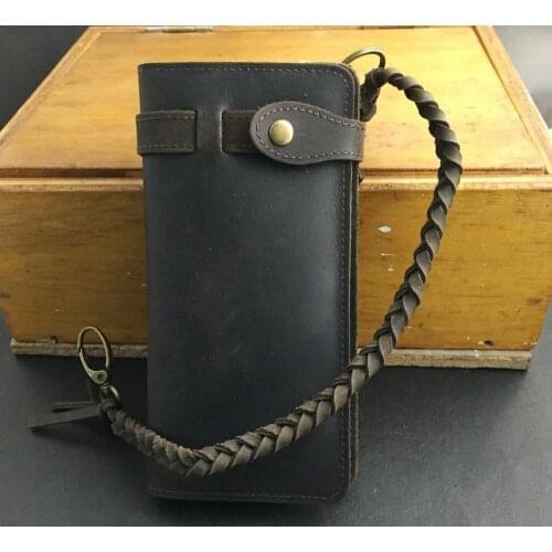 Mens Trucker Rock Genuine Leather Cowhide Long Chian Wallet Purse Dark Brown
