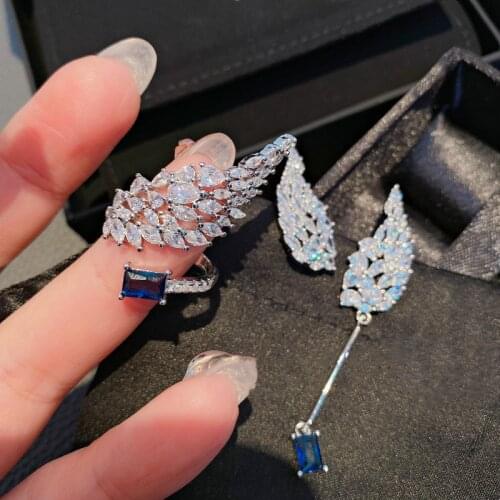 Original 925 Sterling Silver Blue Topaz Gemstone Earrings Ring Exquisite Angle Wing Wedding Band Jewelry Set for Women Girls