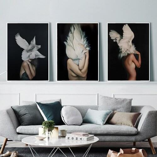 Sexy Nude Women Feather Posters and Prints Nordic Figure Canvas Painting Girls Wall Art Flower Pictures for Living Room Bedroom