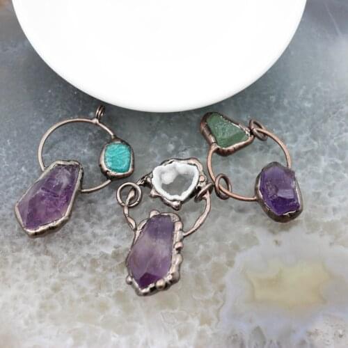 Natural Amethysts Antique Brass Style Pendant,Healing Crystal Reiki Energy Stone Necklace For DIY Jewelry Women Gift Making