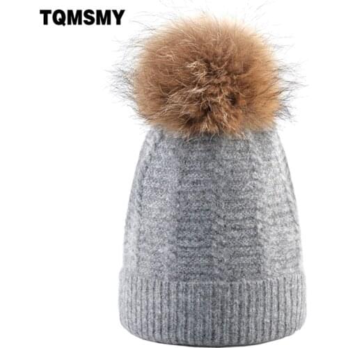 Lovely raccoon Hairball hats for women winter Knitted wool Beanies Thick warm PomPom hat Ladies Solid Color Woolen Bonnet caps