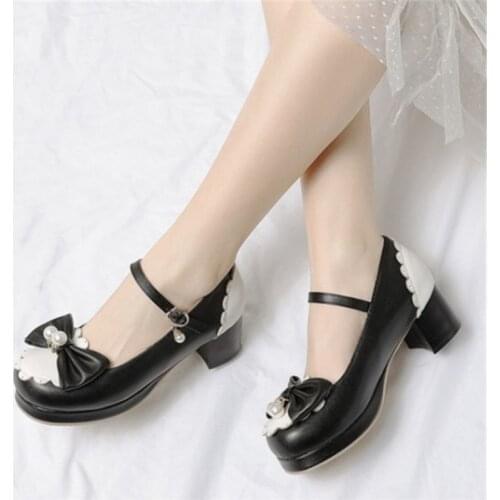 PXELENA Kawaii Princess Lolita Mary Janes Shoes Women Bowtie Ruffles Pearl Dress Date Party Cosplay Pumps Pink Large Size 34-45