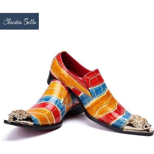 Christia Bella Luxury Metal Design Printing Leather Casual Shoes Men Pointed Toe Loafers Slip On Evening Party Dress Shoes
