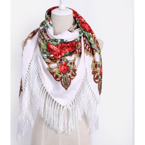 Luxury Brand for Woman Print Scarf Russian Ethnic Style Cotton Flower Pattern Tassel Winter Warm Square Blanket Scarf Shawl
