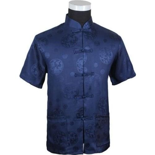 Dark Blue Chinese Mens Silk Satin Kung-Fu Shirt Top with Dragon Size S M L XL XXL XXXL Free Shipping M2066